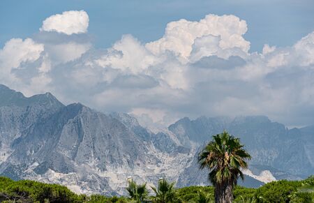the white marble mountains of Carrara in Italyの写真素材