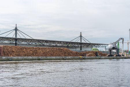 huge stacks of tree trunks lie in a transshipment port and are loaded by a large craneの写真素材