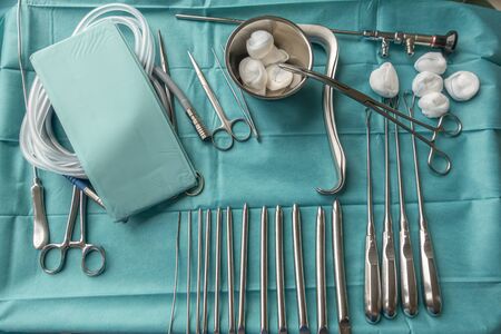 an Instrument table with instruments is prepared for a gynaecological procedureの写真素材