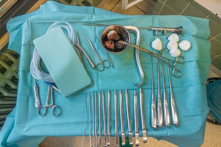 an Instrument table with instruments is prepared for a gynaecological procedureの写真素材