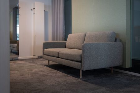 a comfortable couch stands in a modern furnished office