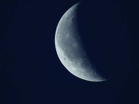 in the blue morning sky stands the waning quarter moonの写真素材