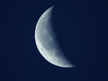in the blue morning sky stands the waning quarter moonの写真素材