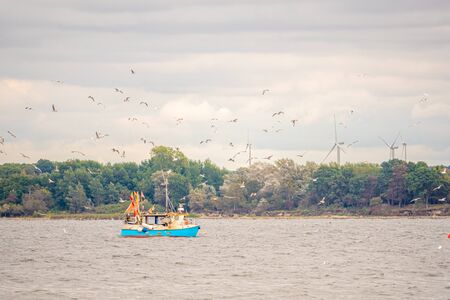 far on the sea floats a fishing boat, which is surrounded by many seagulls and the sky is full of cloudsの写真素材