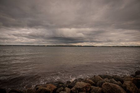 the bay of TravemÃ¼nde in cloudy autumn weatherの写真素材