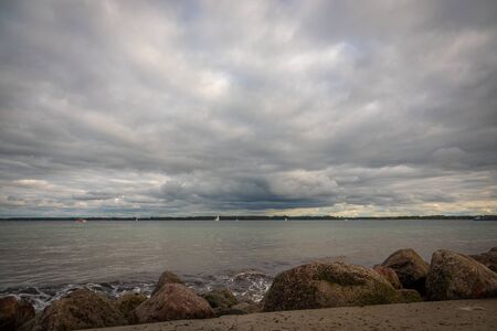the bay of TravemÃ¼nde in cloudy autumn weatherの写真素材
