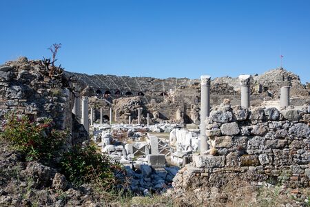in the old ruins of Side there are many columns and ornaments made of stoneの写真素材