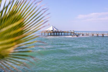 in the foreground is a green palm leaf and in the background the blue sea and a jettyの写真素材