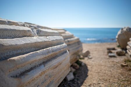 at the southern tip of Side there are many stone columns and ornamentsの写真素材