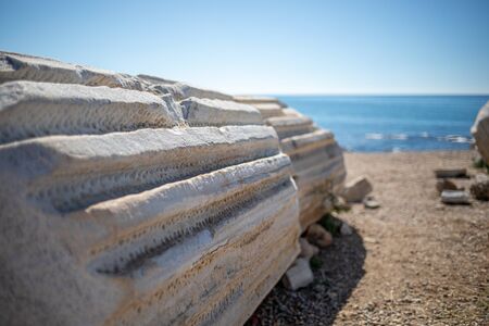at the southern tip of Side there are many stone columns and ornamentsの写真素材