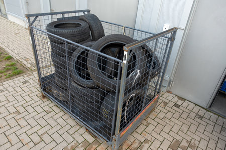 Many old tyres pile up in front of a garage to be disposed of.のeditorial素材