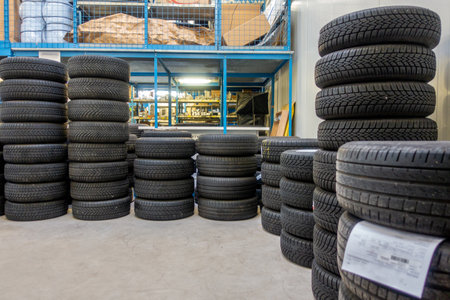 in a garage, many new tyres are stacked so that they can be fitted as winter tyresのeditorial素材