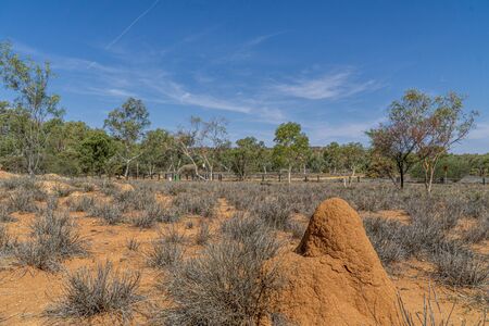 In the foreground is a huge termite heap in the Australian desert.の写真素材