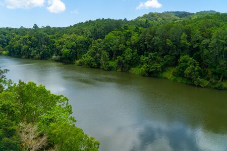 The Australian rainforest in the north of Australia near Cairns with green mountains and blue skies are white cloudsの写真素材