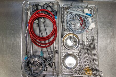 a tray for surgical instruments contains various assorted instruments for performing an operationの写真素材