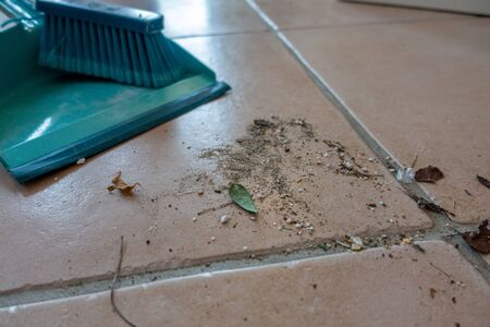dirt swept with a broom is lying on the floorの写真素材