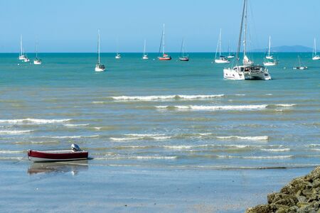 at the beach of Arlie Beach in Australia you can see many sailboats lying in the bayの写真素材