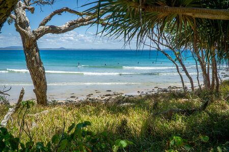 the beautiful beach of Noosa on the sunshine coast in Australia with beautiful weather and blue sky with white cloudsの素材 [FY310134985032]