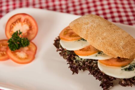 on a white plate lies a sliced bread roll filled with sausage, cheese and egg and as decoration a bunch of radishesの写真素材