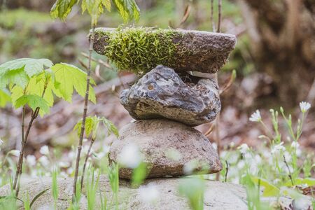 a man of stones stands by the wayside in a forestの写真素材