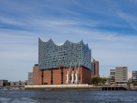 the Elbphilharmonie in Hamburg in fine weather and the sky is blue