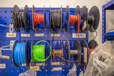 various cables are on reels in a car workshop