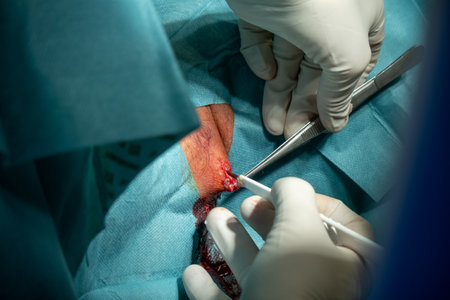A surgeon opens a large abscess with a scalpel in a hospitalの写真素材