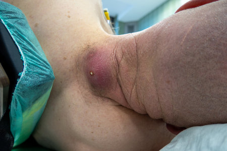 a patient with a large abscess in the neck lying on an operating table to be operated onの写真素材