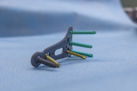 explanted titanium plate and various titanium screws of a radius fracture lie on a blue supportの写真素材