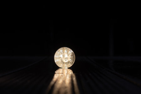 a bitcoin coin stands in the rainの写真素材