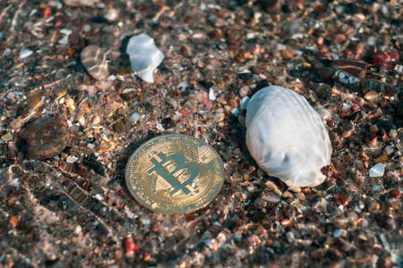 a bitcoin coin lies in the shallow clear water of the seaの写真素材