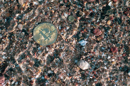 a bitcoin coin lies in the shallow clear water of the sea