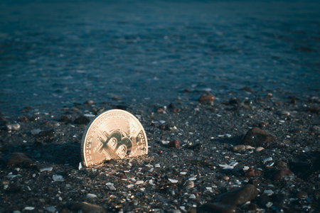 a bitcoin coin is stuck in the shore sand of the sea and is washed around by the waterの写真素材