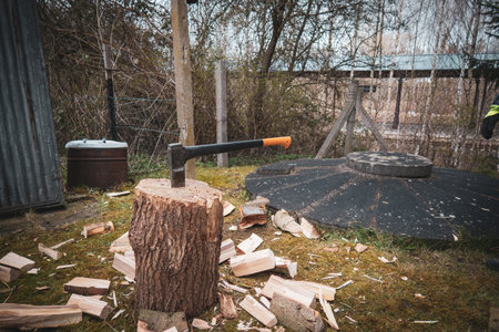 an ax for wood-splitting is stuck in a thick logの写真素材