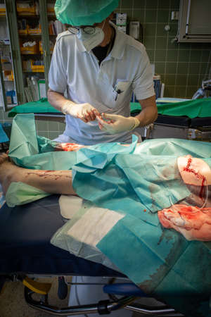 in a hospital a doctor stitches the wound on the leg of a patientの写真素材