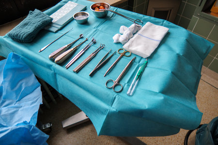 sterile instruments for performing small operation are placed on an instrument tableのeditorial素材