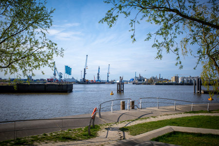 the port of Hamburg with blue skyのeditorial素材
