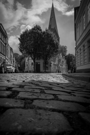 on old street in LÃ¼beck in black and whiteのeditorial素材
