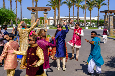 in front of the hotel there is a colorfully dressed indian wedding partyのeditorial素材