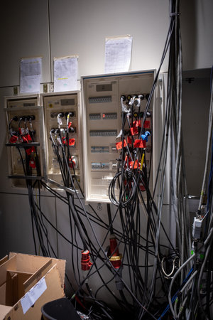 backstage, all power cables run together to form a power distribution systemの写真素材