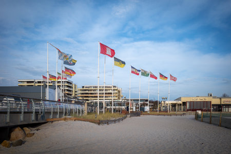 many flags stood at the beginning of the pier of Groemitzのeditorial素材