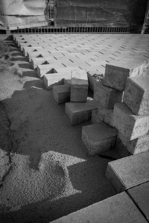 many paving stones are laid for a pathの写真素材