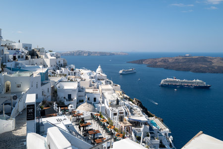 the white houses of Fira on the island of Santoriniの写真素材