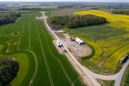 On a field lie the components for a new wind turbineの写真素材
