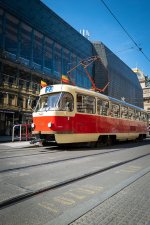 An old streetcar on the streets of Pragueの写真素材
