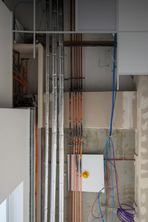Various pipes and cables run along the deckerの写真素材