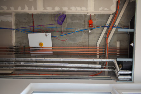 Various pipes and cables run along the deckerの写真素材