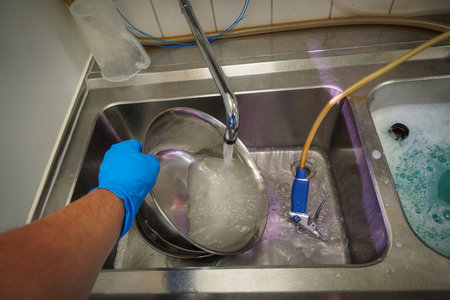 a large saline dish is cleaned in a sterilization departmentの写真素材