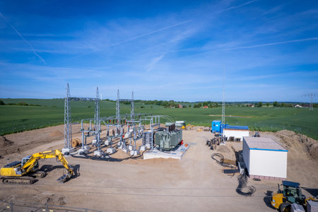 A new power station is built on a fieldの写真素材