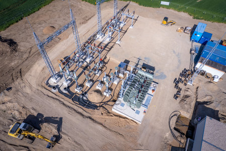 A new power station is built on a fieldの写真素材